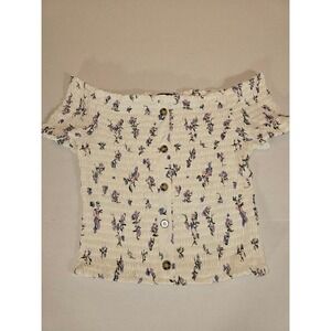 Derek Heart Floral Smocked Off Shoulder‎ Button Up Crop Top White Women's L